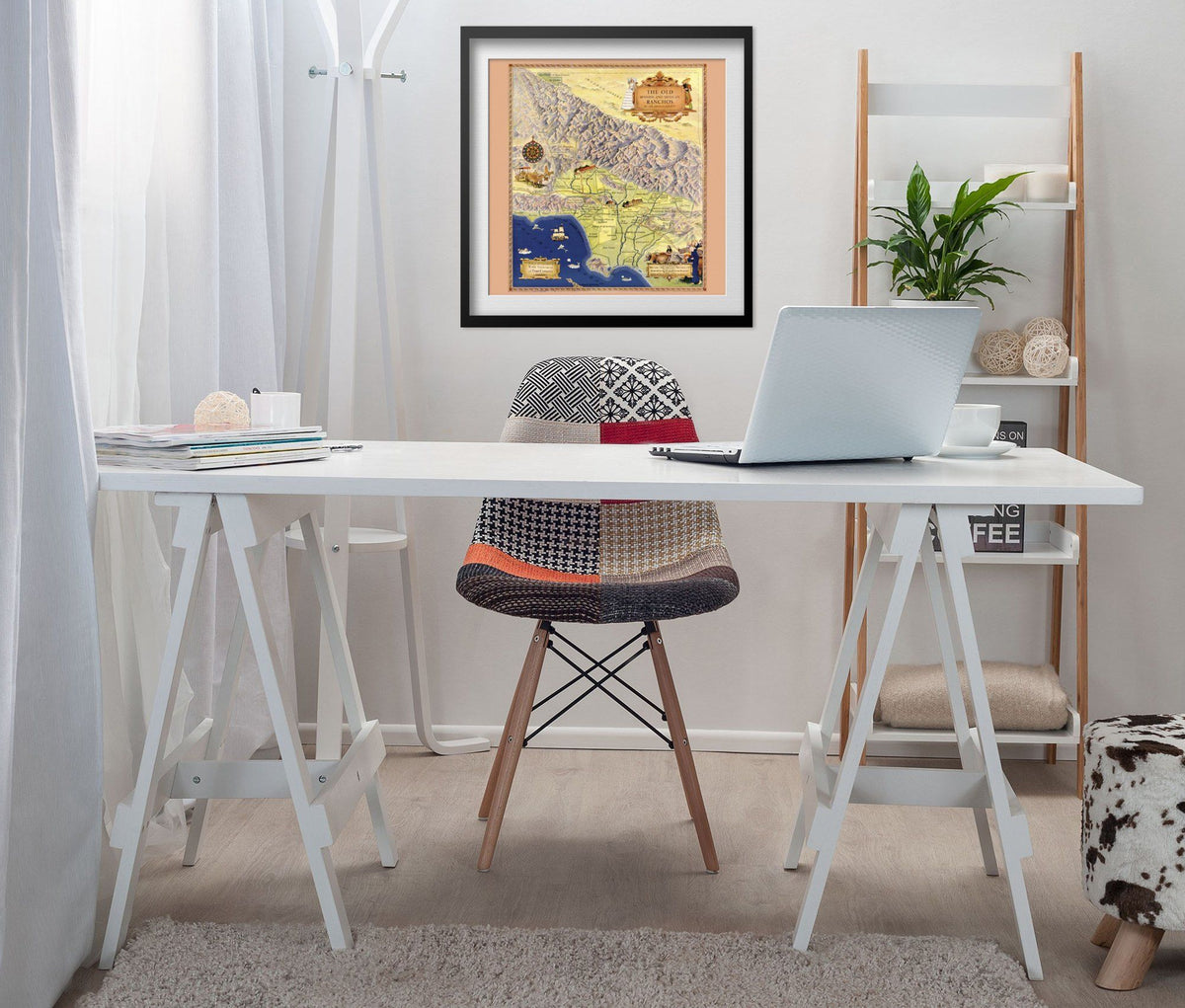 Old Spanish Ranchos of Los Angeles Map print framed above a white desk in a home office
