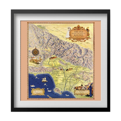 Old Spanish Ranchos of Los Angeles Map print in a black frame with a white mat