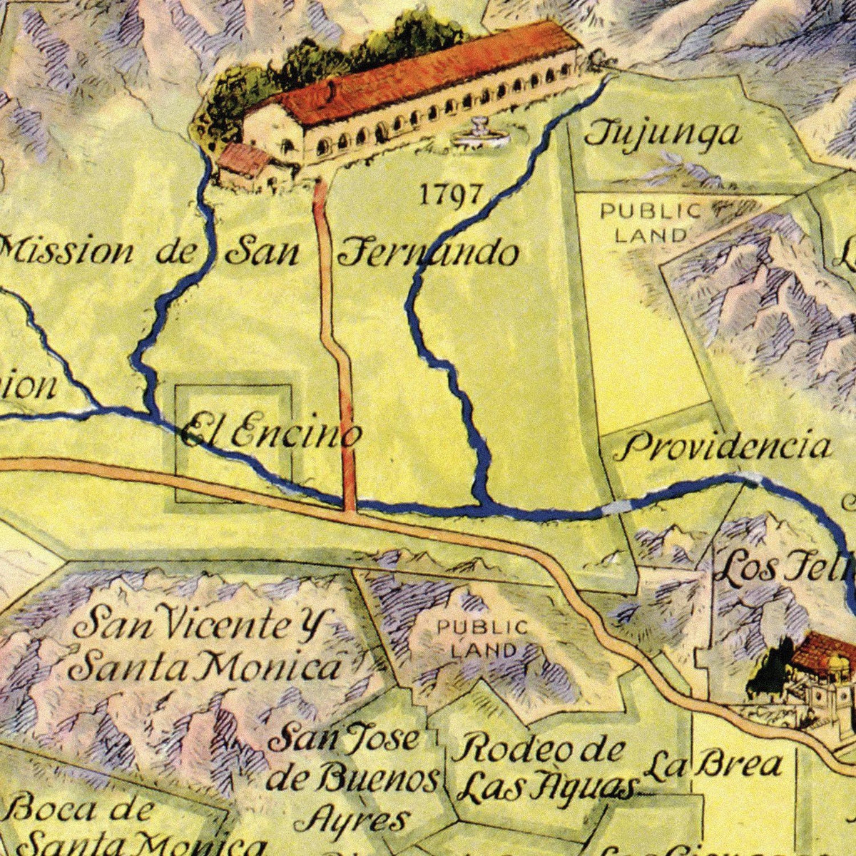 Close-up detail of the Old Spanish Ranchos of Los Angeles Map