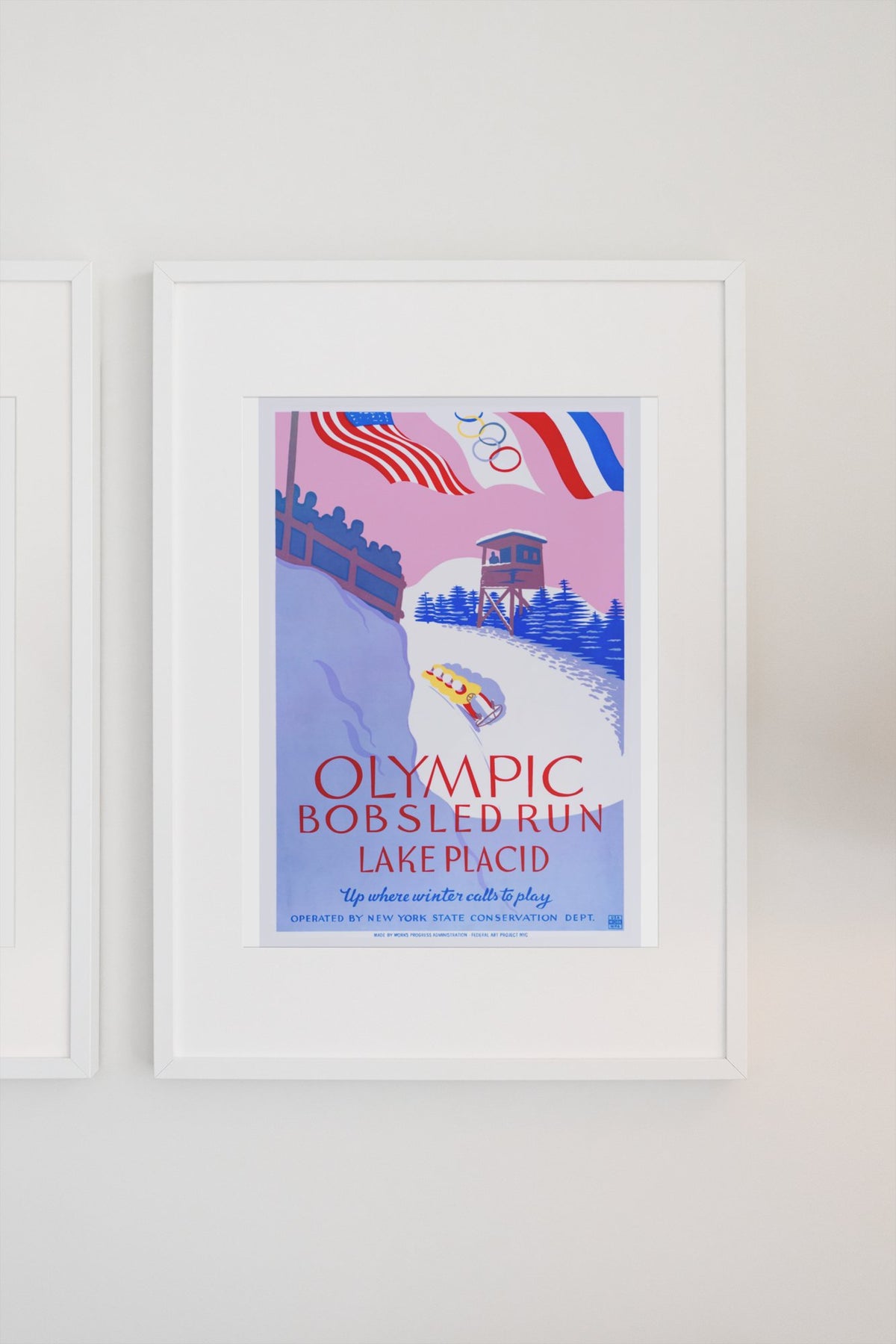 Olympic Bobsled Run Lake Placid 1938 poster on a light wall