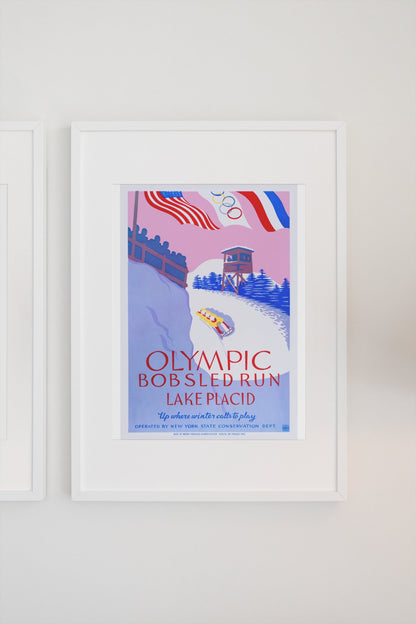 Olympic Bobsled Run Lake Placid 1938 poster on a light wall
