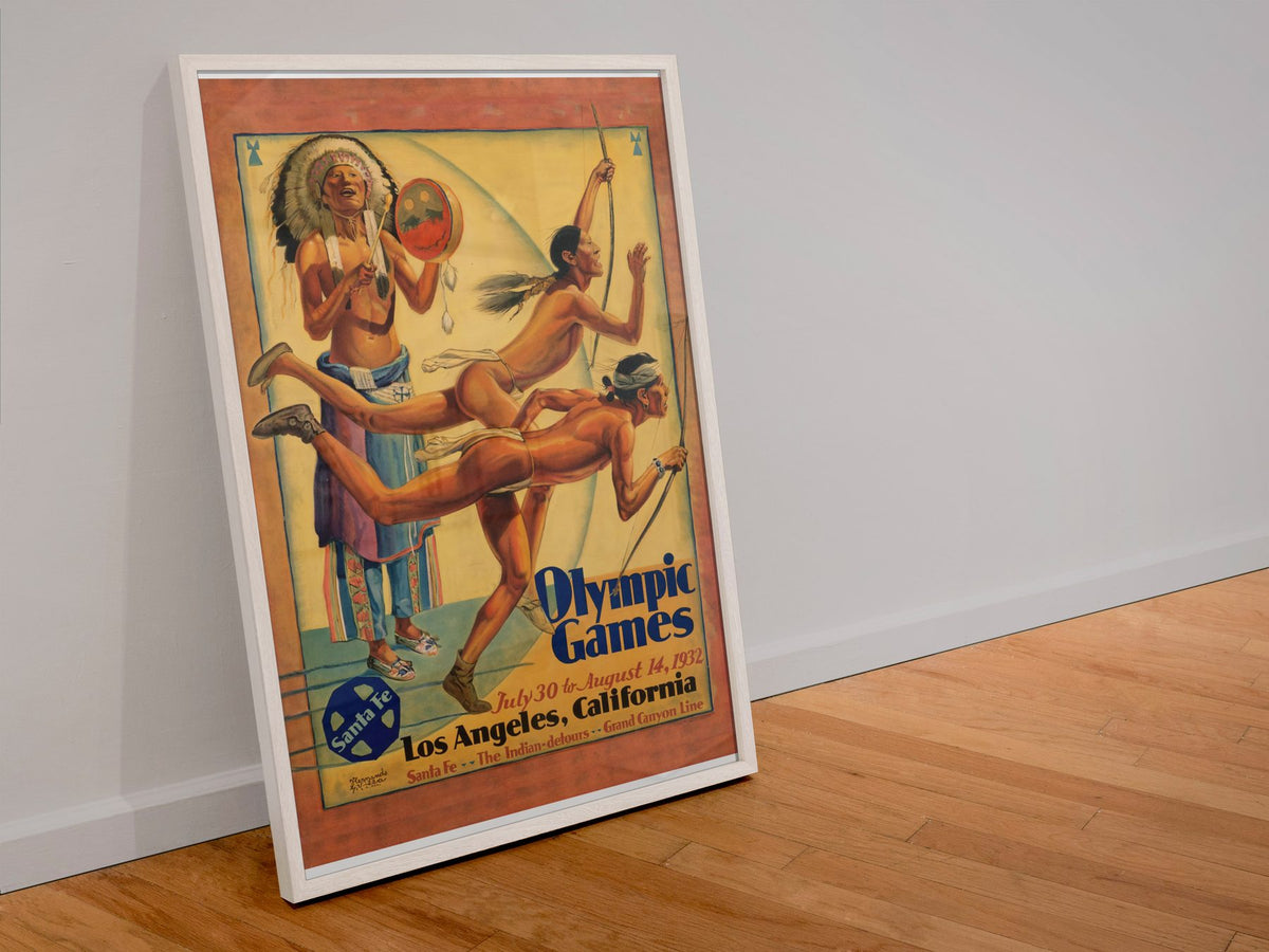 Olympic Games Los Angeles 1932 poster in a white frame leaning against a wall