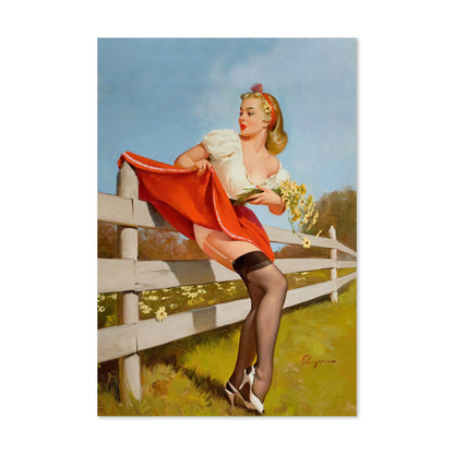 On the Fence by Gil Elvgren, pin-up poster — framed print