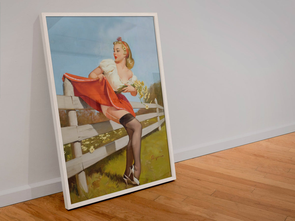 On the Fence by Gil Elvgren, pin-up poster — leaning frame