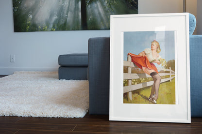 On the Fence by Gil Elvgren, pin-up poster — living room wall
