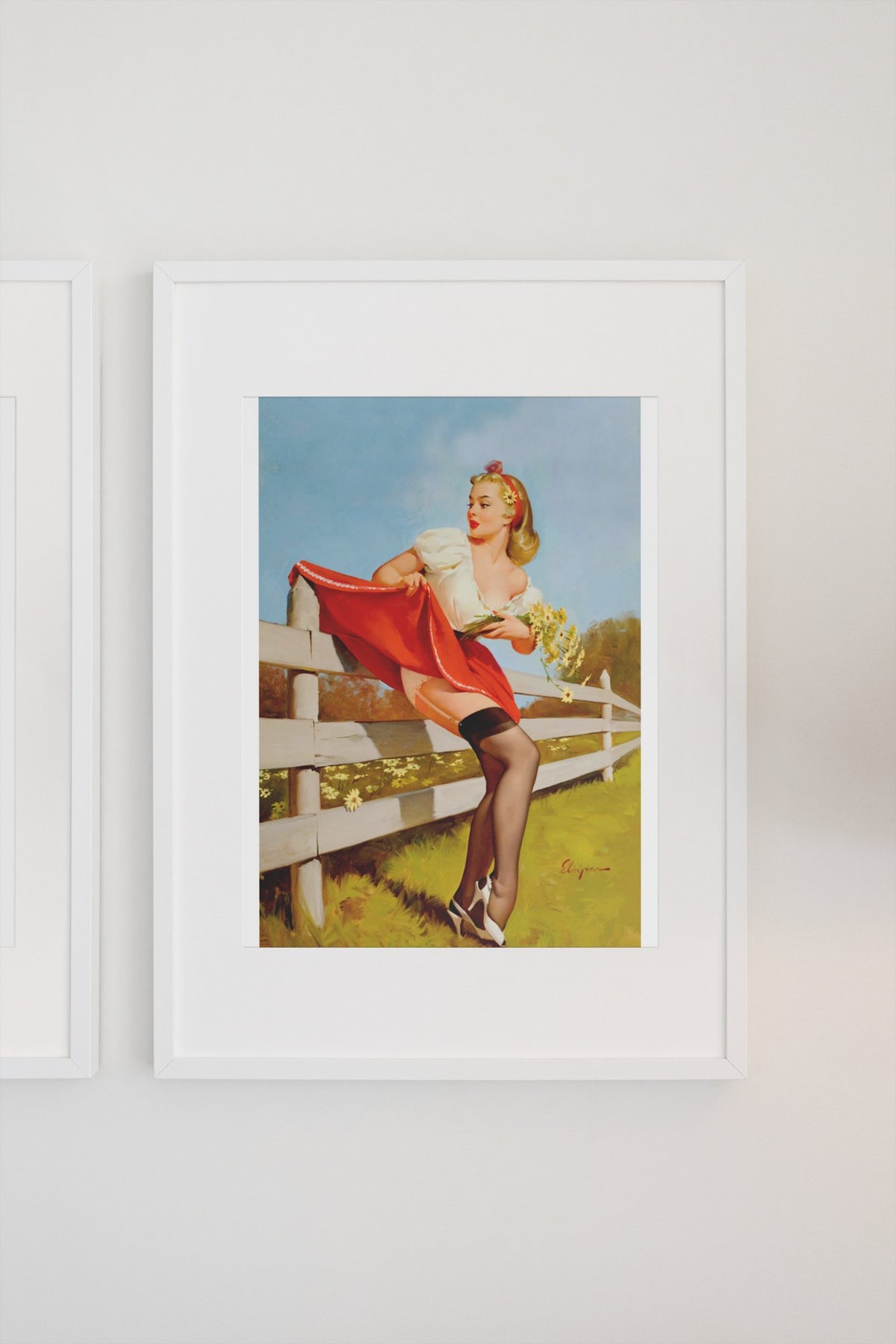 On the Fence by Gil Elvgren, pin-up poster — gallery wall
