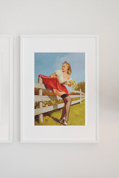 On the Fence by Gil Elvgren, pin-up poster — gallery wall