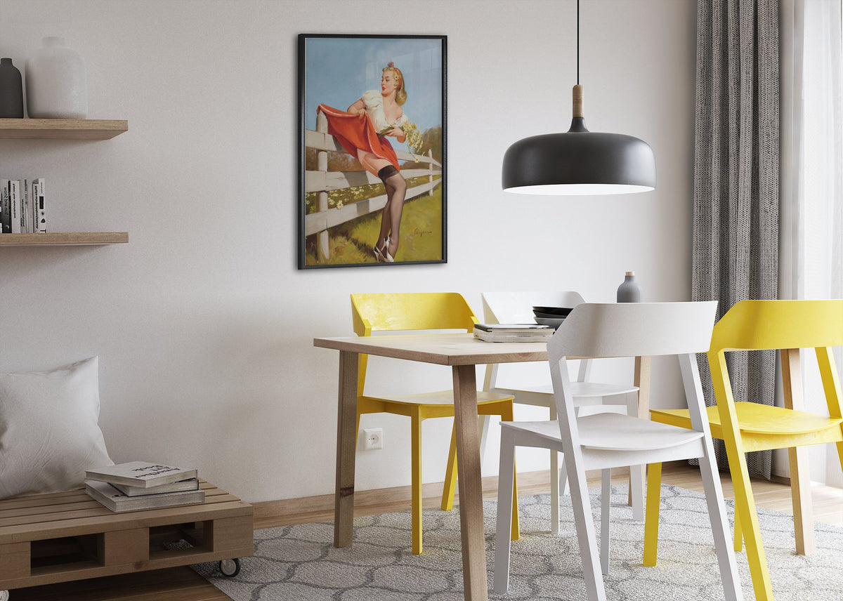 On the Fence by Gil Elvgren, pin-up poster — dining room