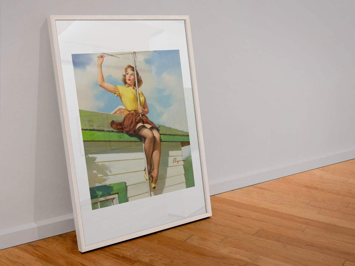 On the House by Gil Elvgren, pin-up poster — leaning frame