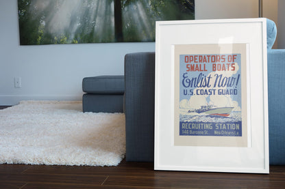 Operators of Small Boats US Coast Guard poster leaning beside a blue sofa