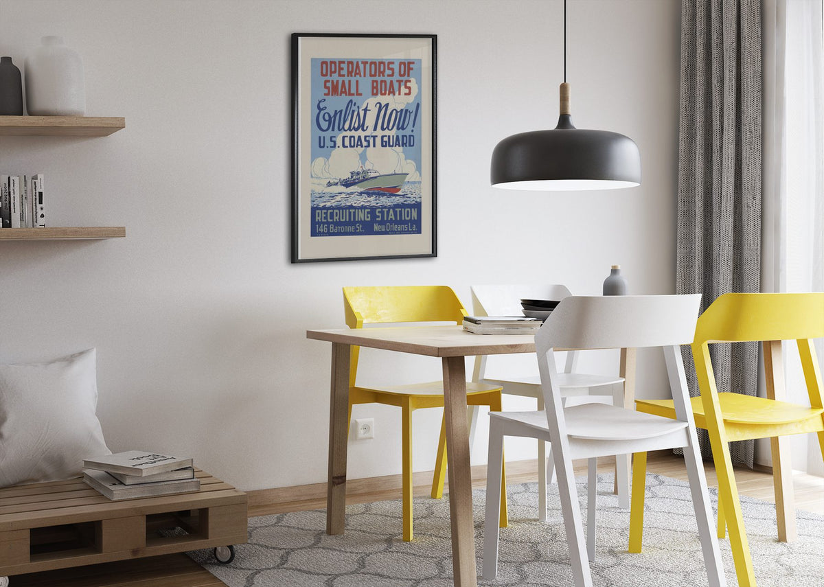 Operators of Small Boats US Coast Guard poster framed above a dining table