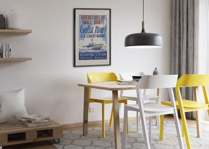 Operators of Small Boats US Coast Guard poster framed above a dining table