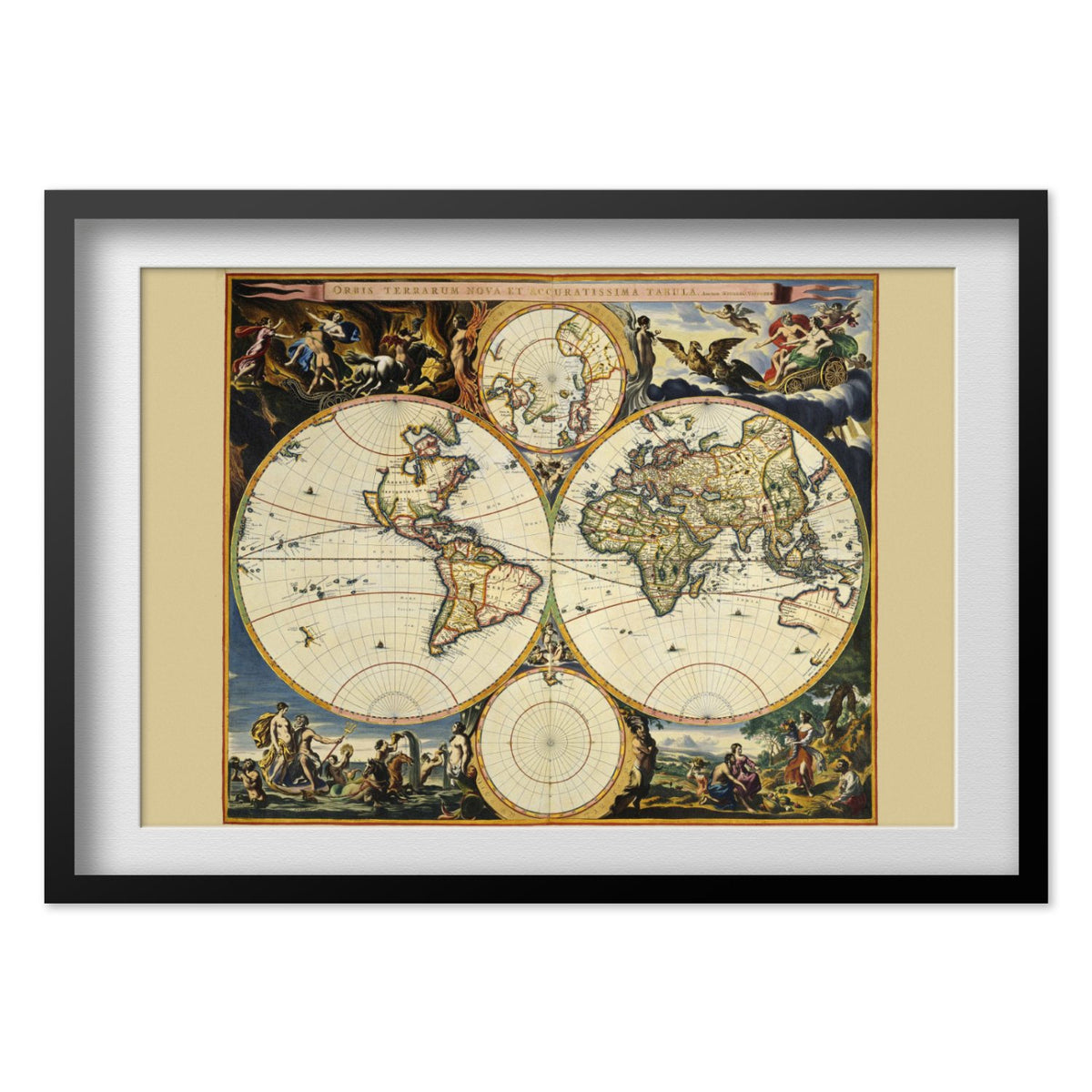 Orbis Terrarum Nova et Accuratissima 1695 print in a black frame