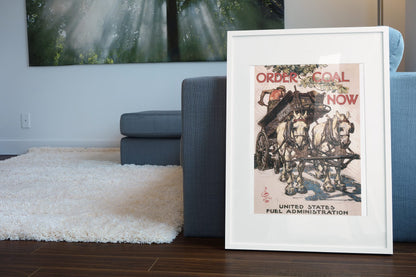 Order Coal Now poster leaning beside a blue sofa
