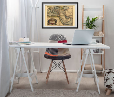 Ottoman Empire 1570 Ortelius Map framed above a white desk in a home office