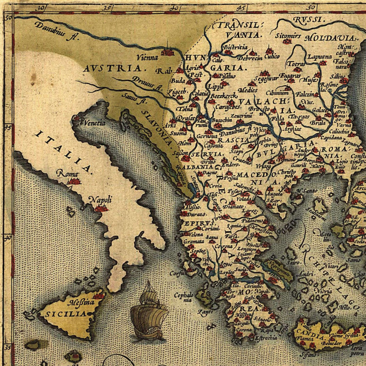 Close-up detail of the Ottoman Empire 1570 Ortelius Map print