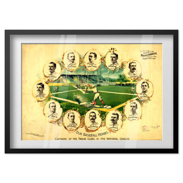 Our Baseball Heroes 1890s poster in a black frame