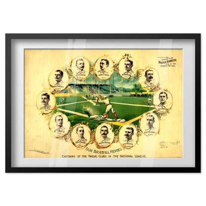 Our Baseball Heroes 1890s poster in a black frame