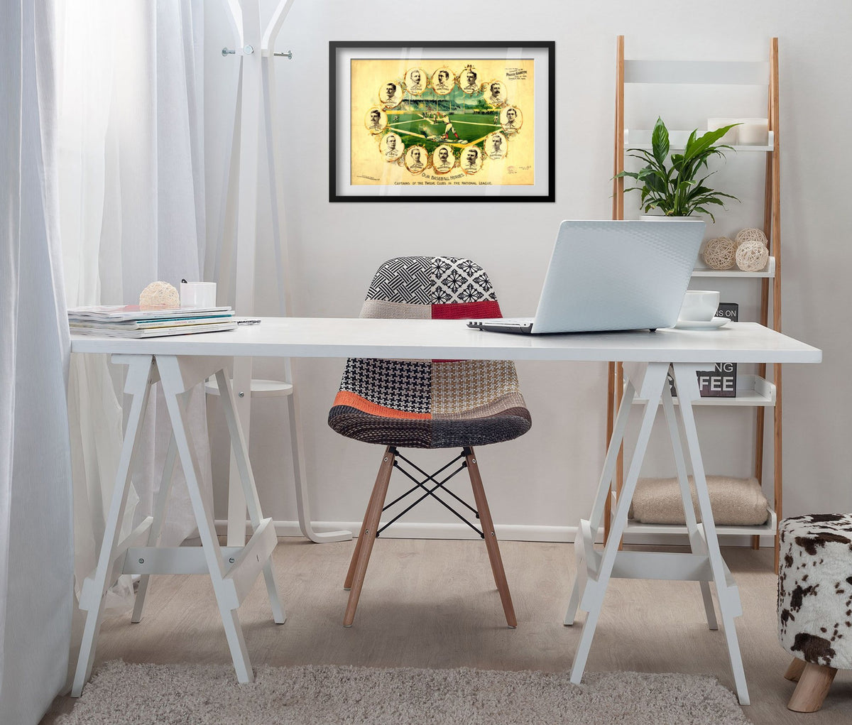 Our Baseball Heroes 1890s poster framed above a white desk in a home office