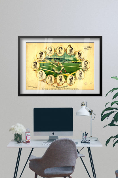 Our Baseball Heroes 1890s poster framed on a grey wall above a desk
