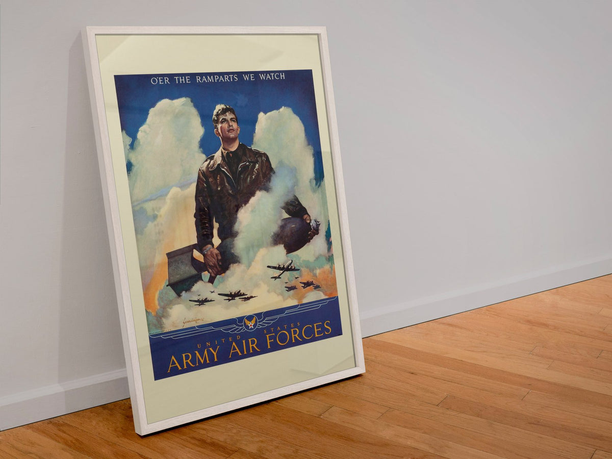 Our Ramparts We Watch — Army Air Forces poster in a white frame leaning against a wall