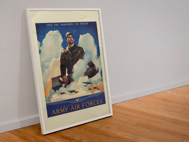 Our Ramparts We Watch — Army Air Forces poster in a white frame leaning against a wall