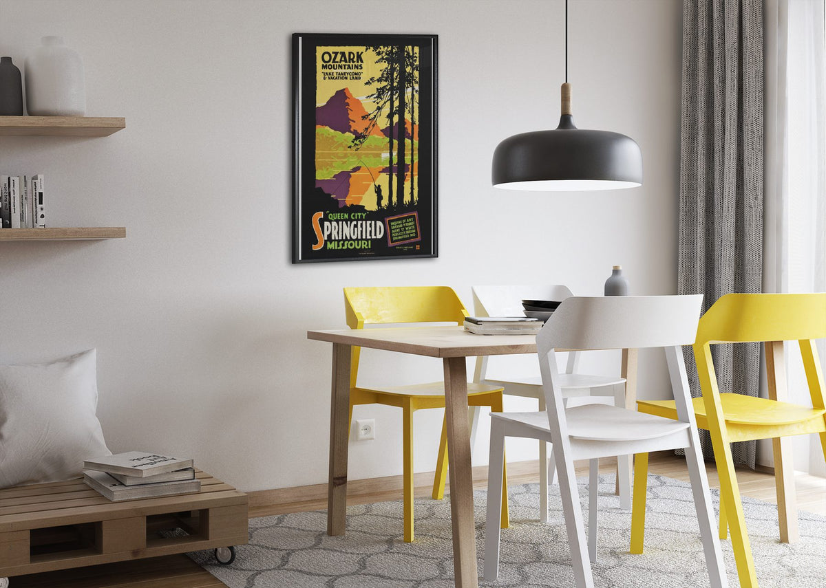 Ozark Mountains Lake Taneycomo poster framed above a dining table