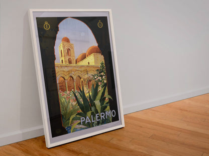 Palermo Sicily poster in a white frame leaning against a wall