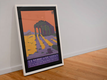 Palmyra Syria poster in a white frame leaning against a wall