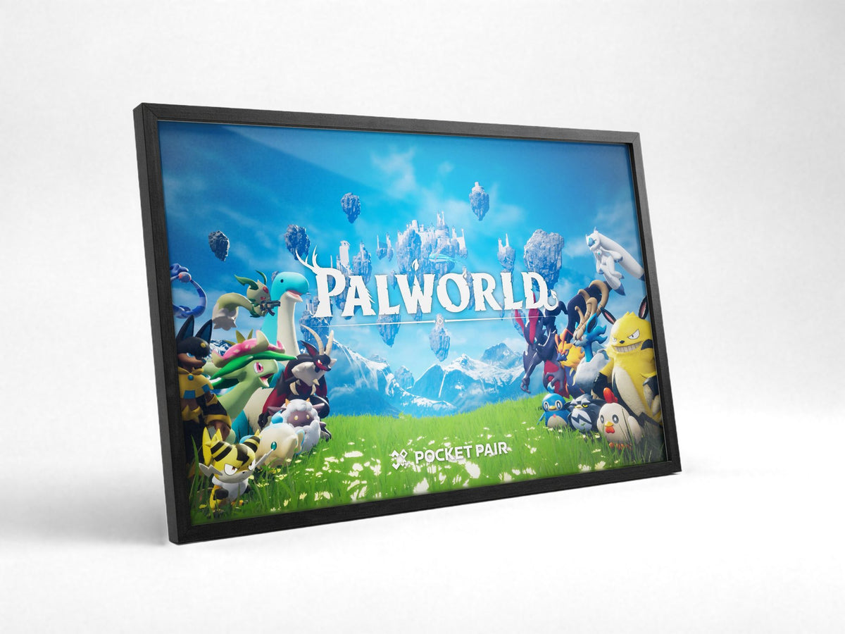 Palworld Key Art poster in a black frame with glass leaning against a wall