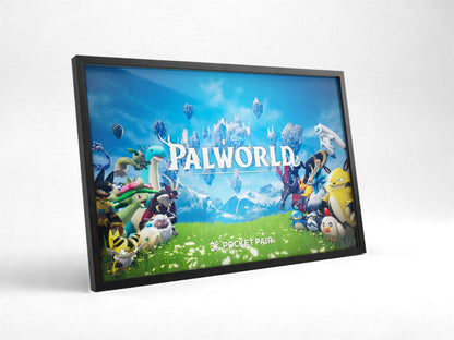 Palworld Key Art poster in a black frame with glass leaning against a wall