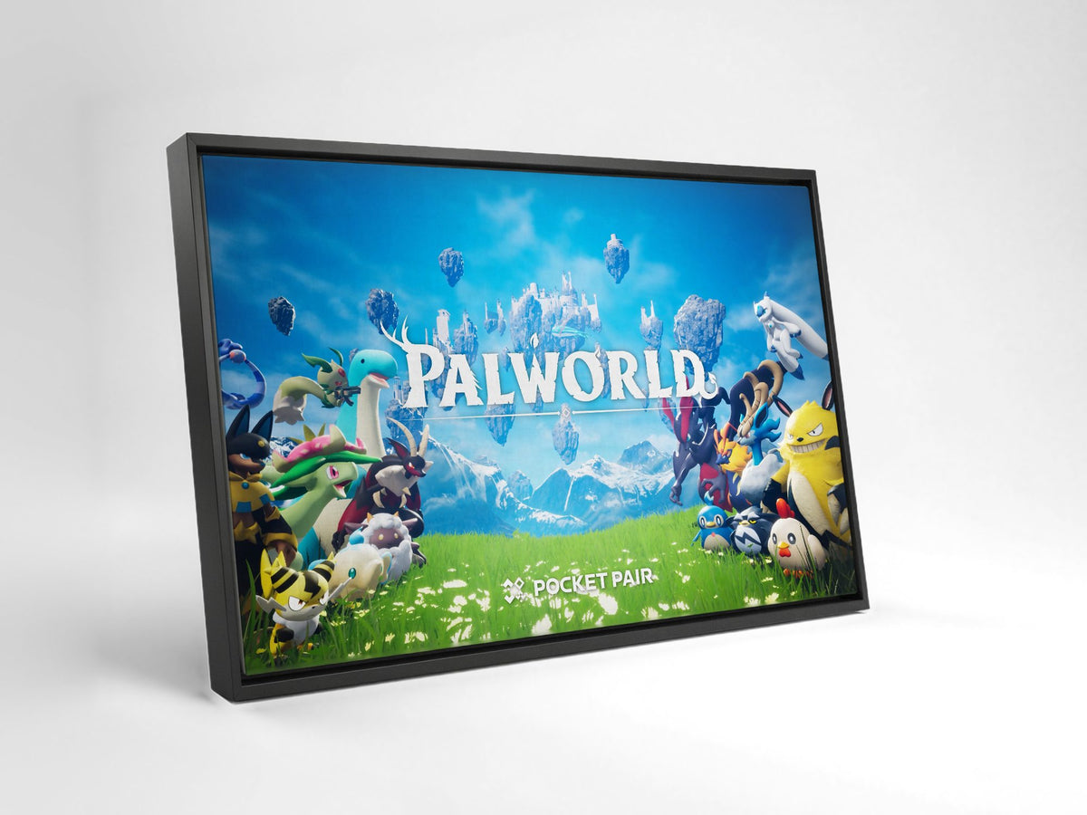 Palworld Key Art as a black floater framed canvas leaning against a wall