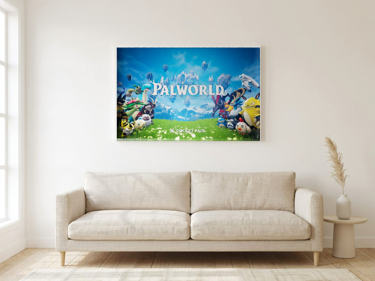 Palworld Key Art poster in a white frame in a living room
