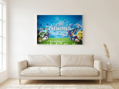 Palworld Key Art poster in a white frame in a living room