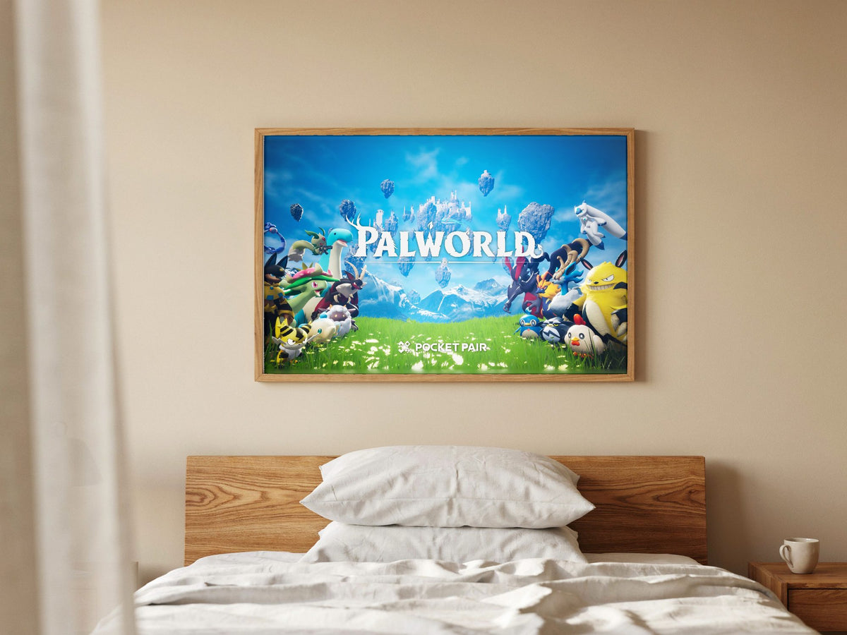 Palworld Key Art poster in a natural oak frame in a bedroom