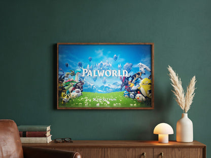 Palworld Key Art poster in a dark walnut frame in a green study