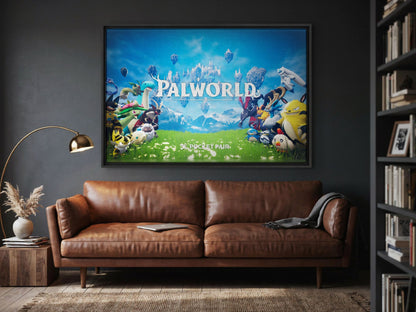 Palworld Key Art as a black floater framed canvas in a media room