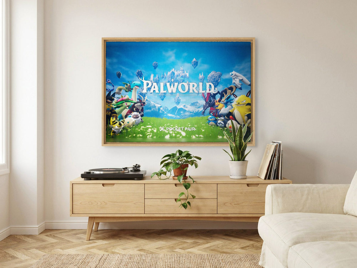 Palworld Key Art as an oak floater framed canvas in a Scandinavian lounge