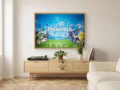 Palworld Key Art as an oak floater framed canvas in a Scandinavian lounge