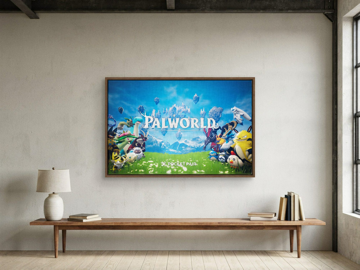 Palworld Key Art as a walnut floater framed canvas in a loft