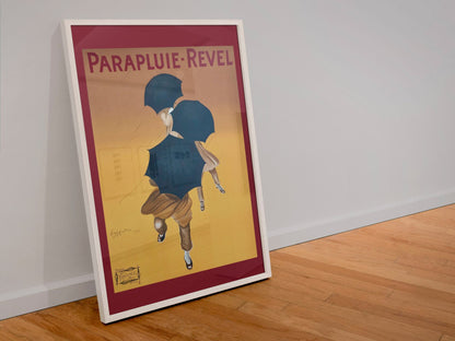 Parapluie Revel Cappiello poster in a white frame leaning against a wall