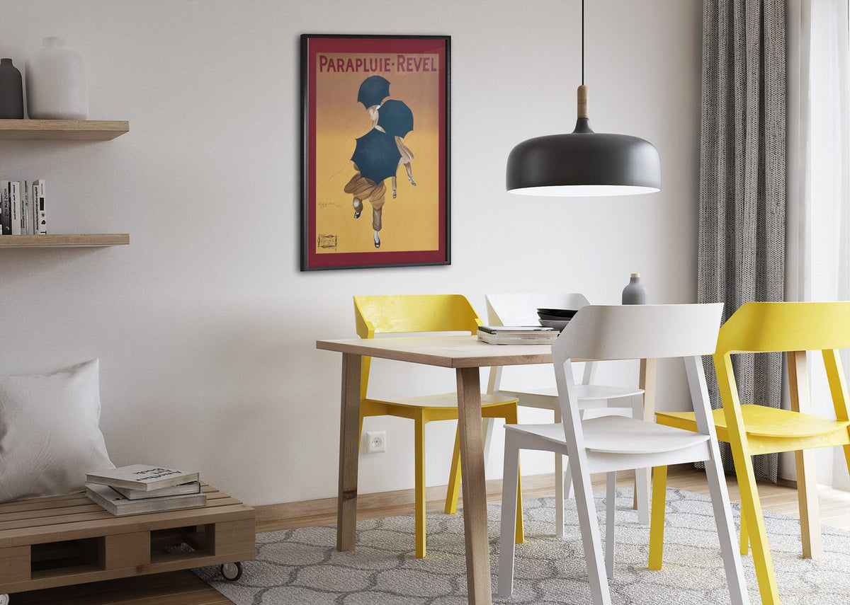 Parapluie Revel Cappiello poster framed above a dining table