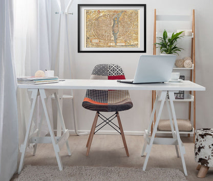 Paris 1550 Map print framed above a white desk in a home office