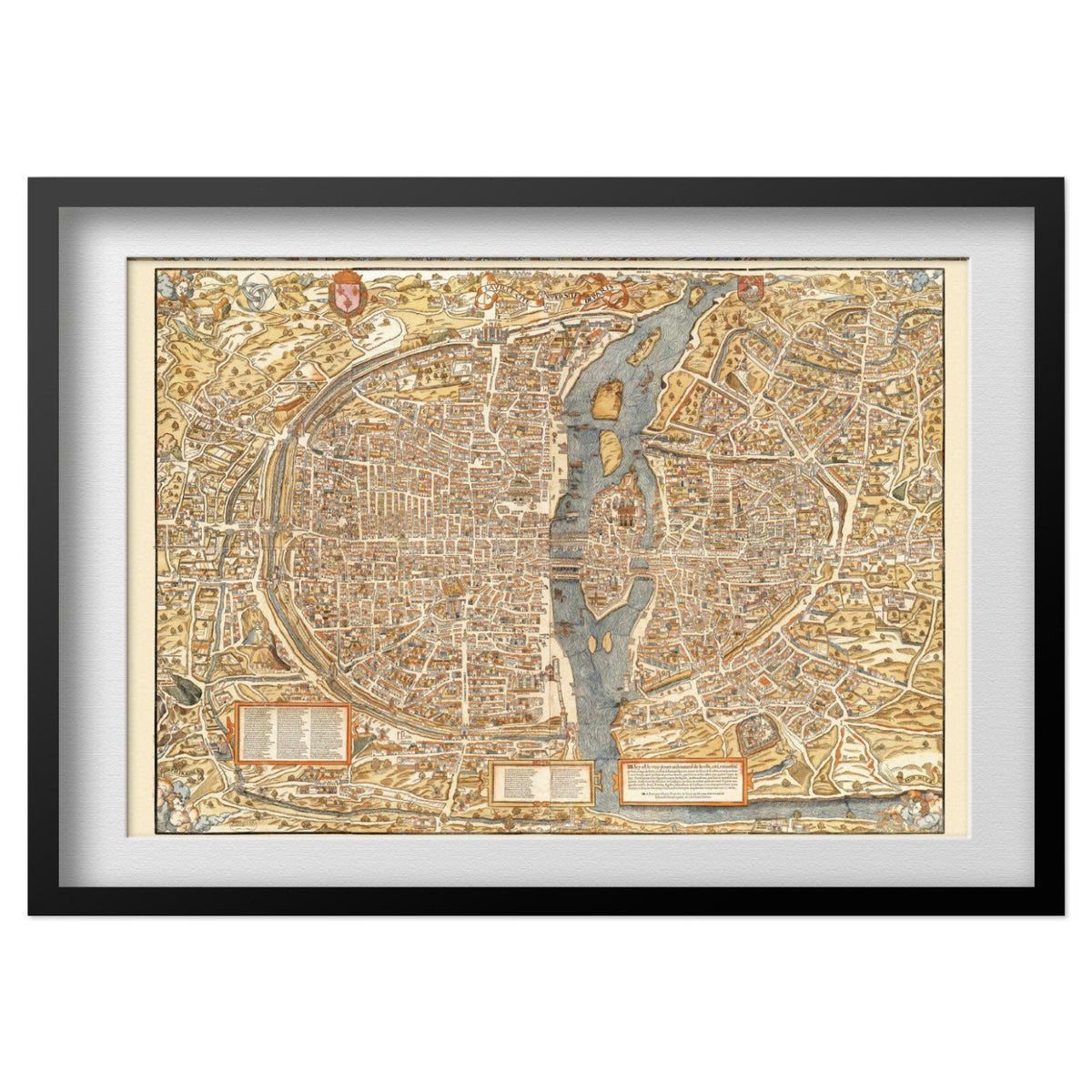 Paris 1550 Map print in a black frame with a white mat
