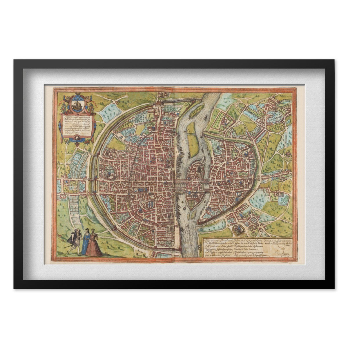 Paris 1572 Map print in a black frame with a white mat