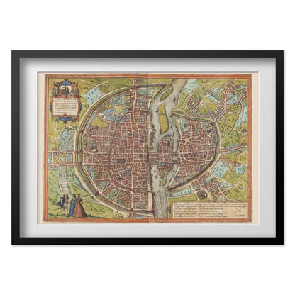 Paris 1572 Map print in a black frame with a white mat