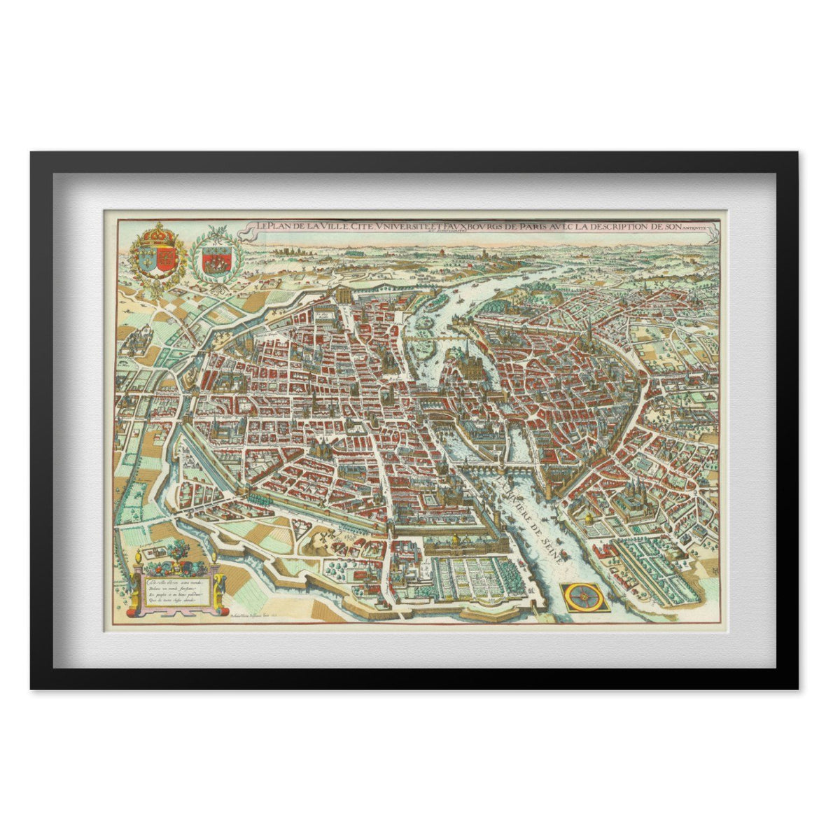 Paris 1615 Map print in a black frame with a white mat