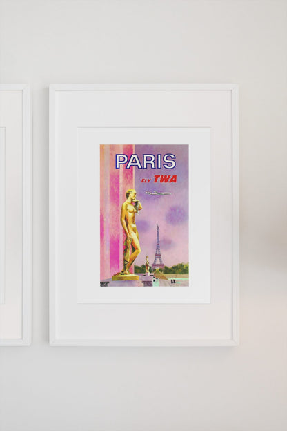 Paris Fly TWA 1969 poster on a light wall