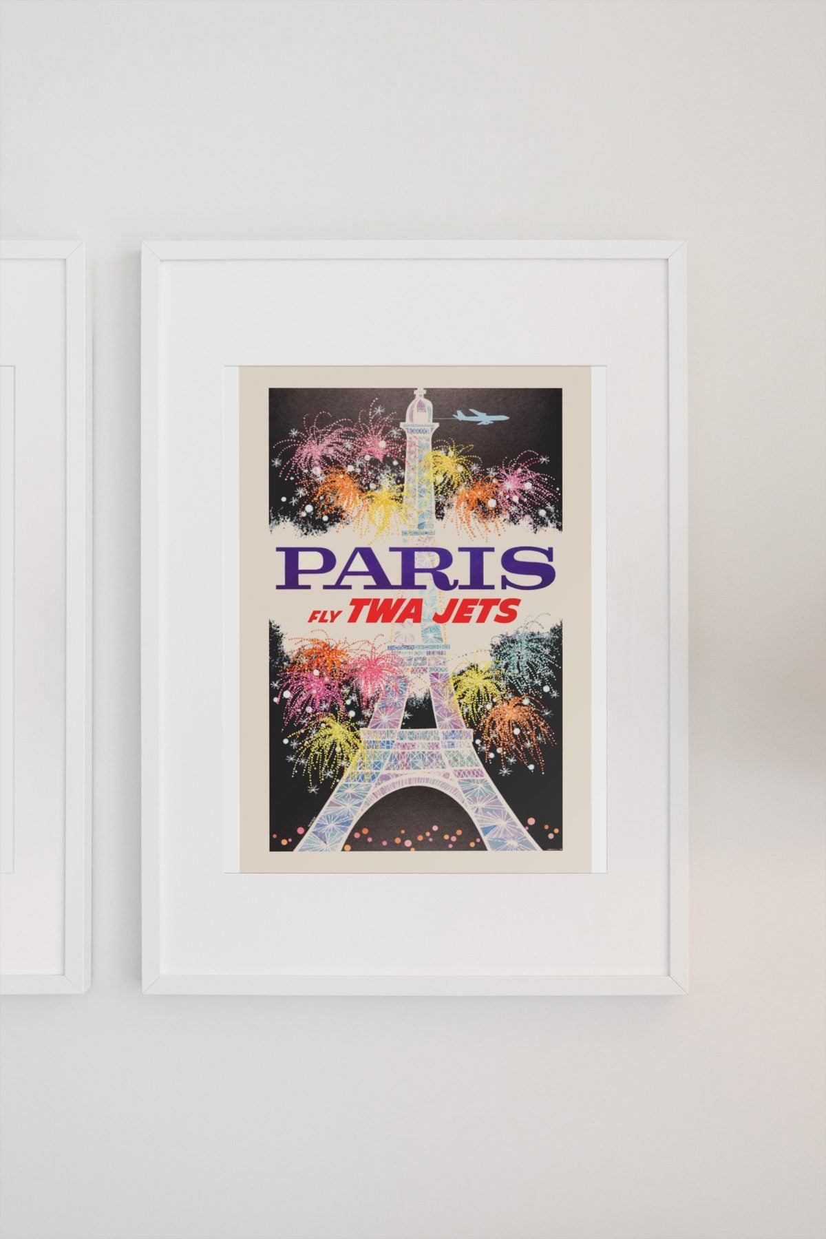 Paris Fly TWA Jets Fireworks poster on a light wall
