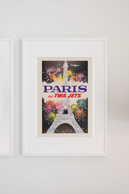 Paris Fly TWA Jets Fireworks poster on a light wall
